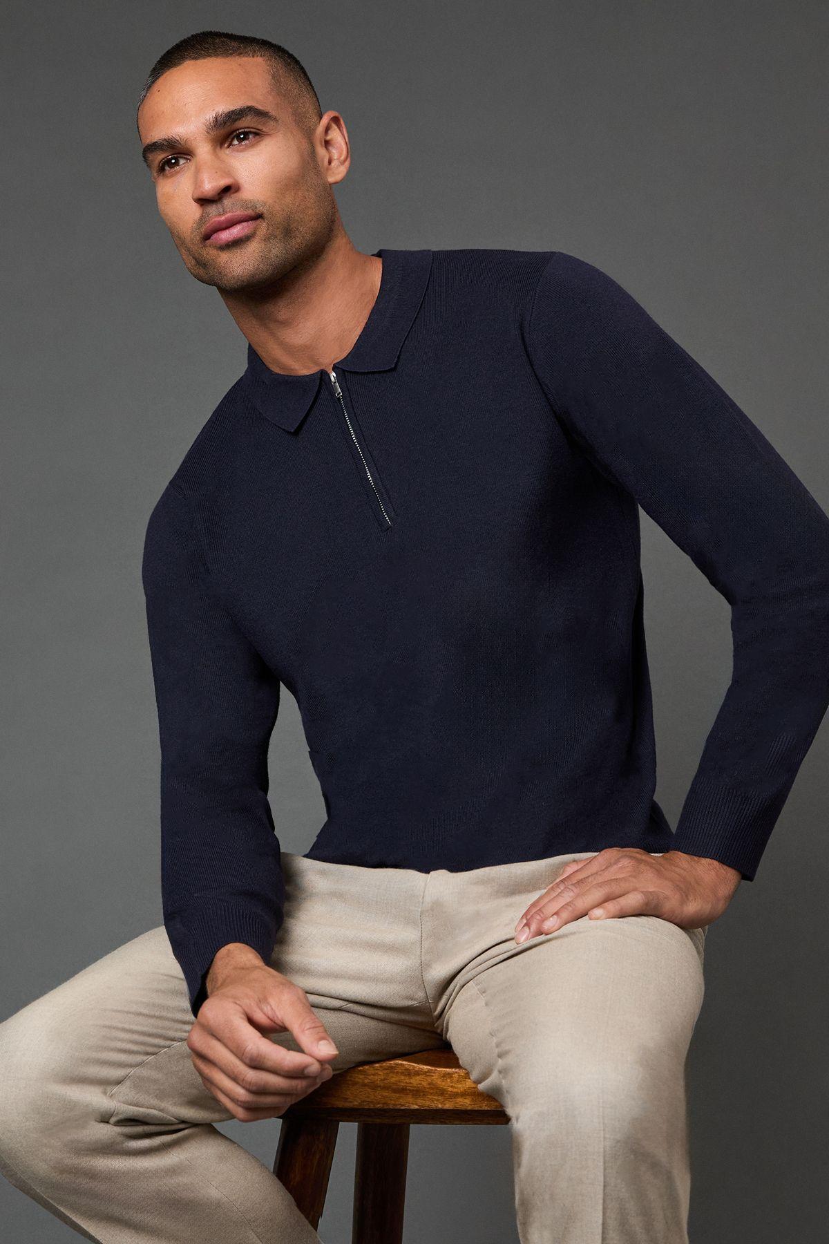 Navy Knitted Long Sleeve Zip Neck Polo Shirt by BURTON