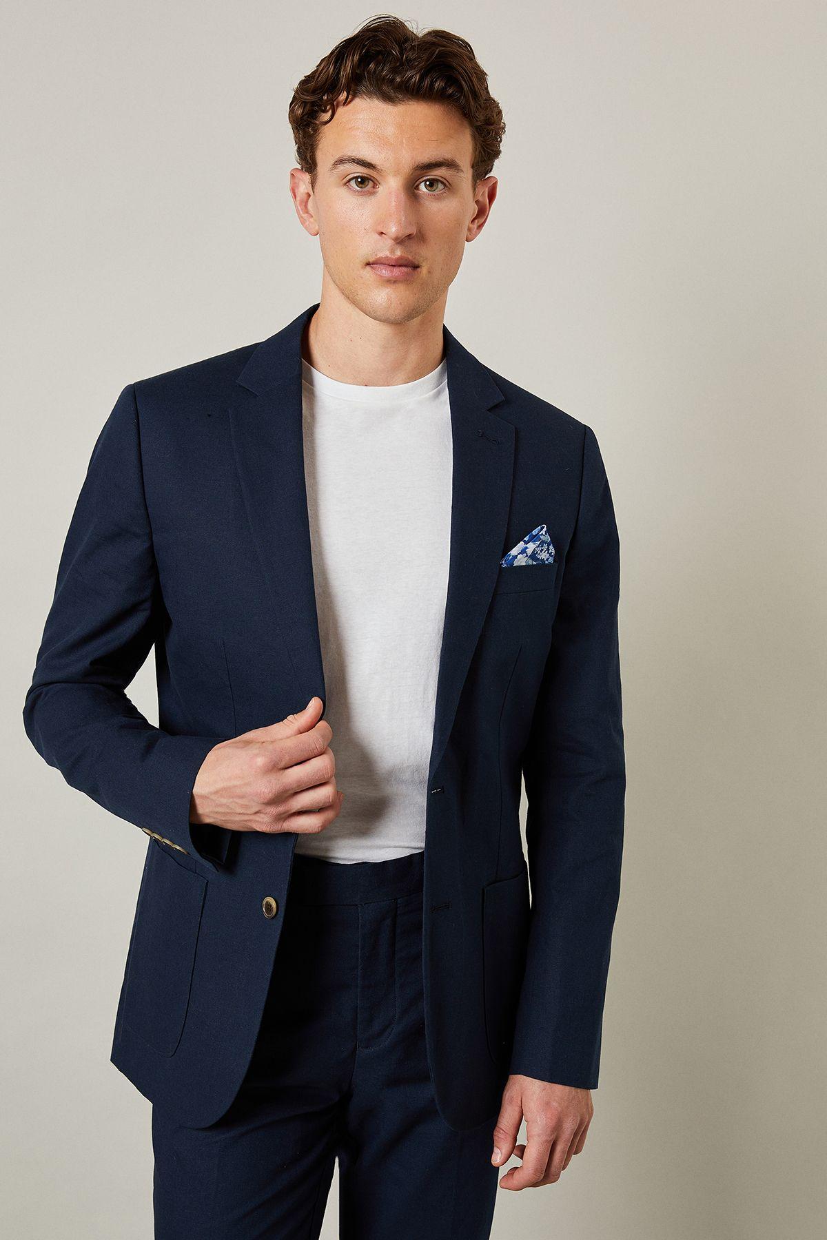 Navy Linen Slim Fit Suit Jacket by BURTON