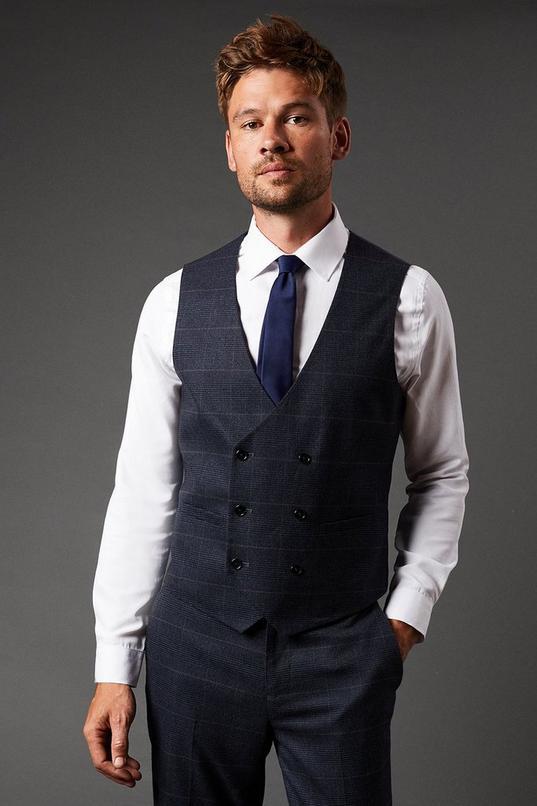 Navy Slim Fit Tweed Look Check Waistcoat by BURTON