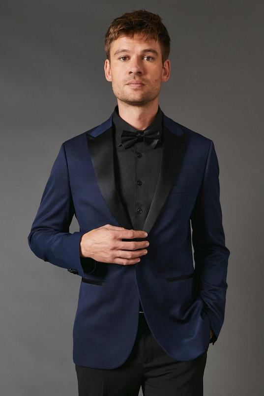 Navy Tailored Fit Peak Collar Tuxedo Jacket by BURTON