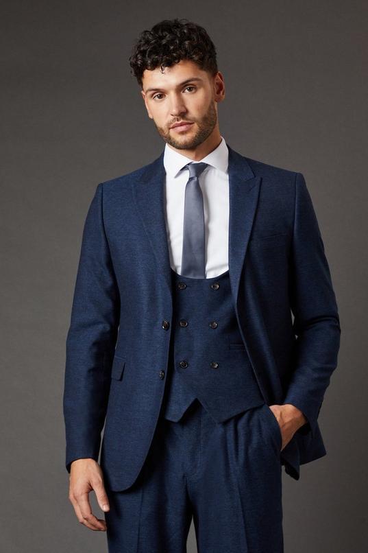 Navy Tweed Look Tailored Fit Suit Jacket by BURTON
