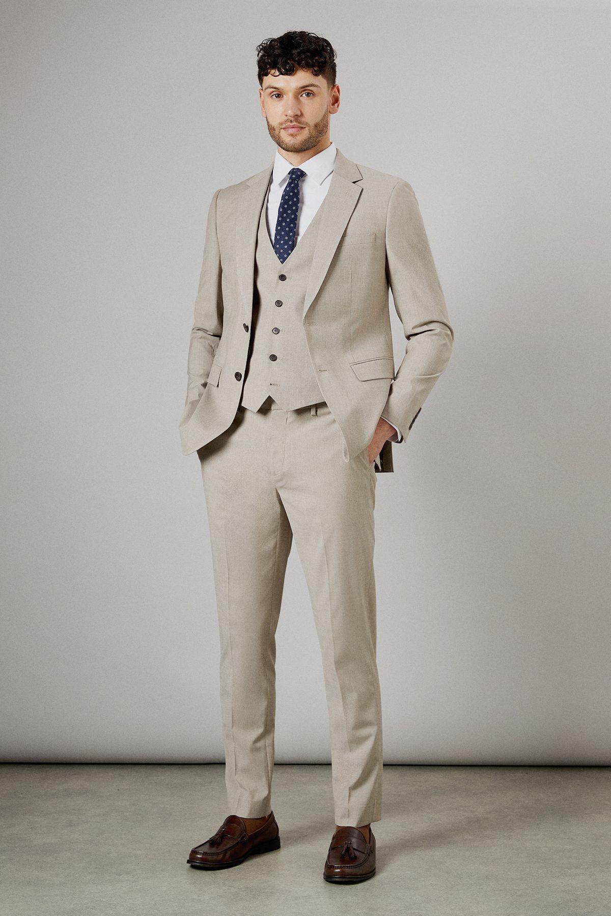 Neutral Textured Slim Fit Suit Trousers by BURTON