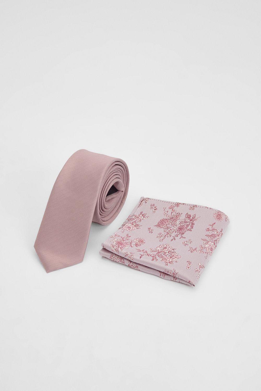 Plain Pink Tie and Floral Pocket Square by BURTON