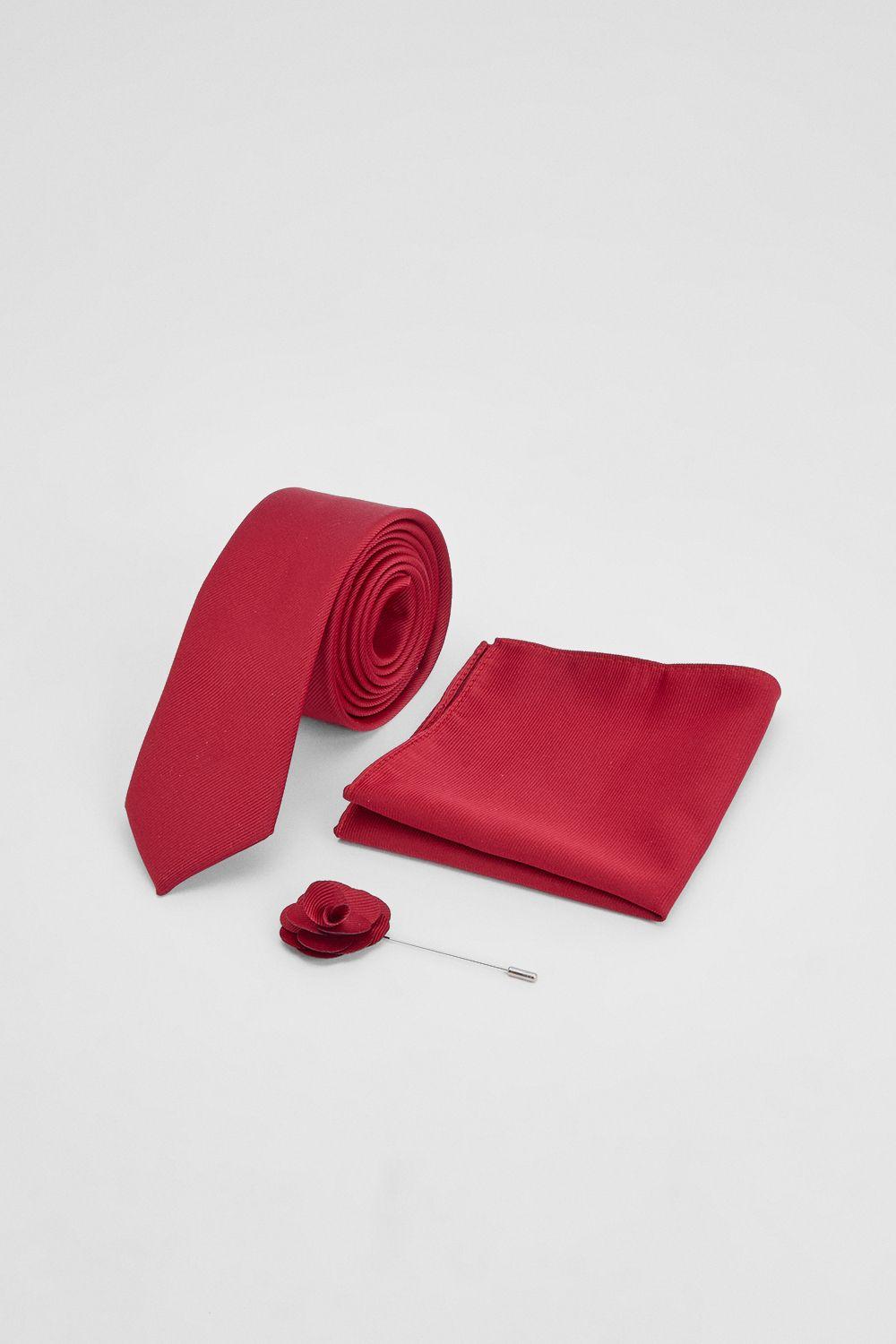 Red Tie With Pocket Square and Lapel Pin by BURTON
