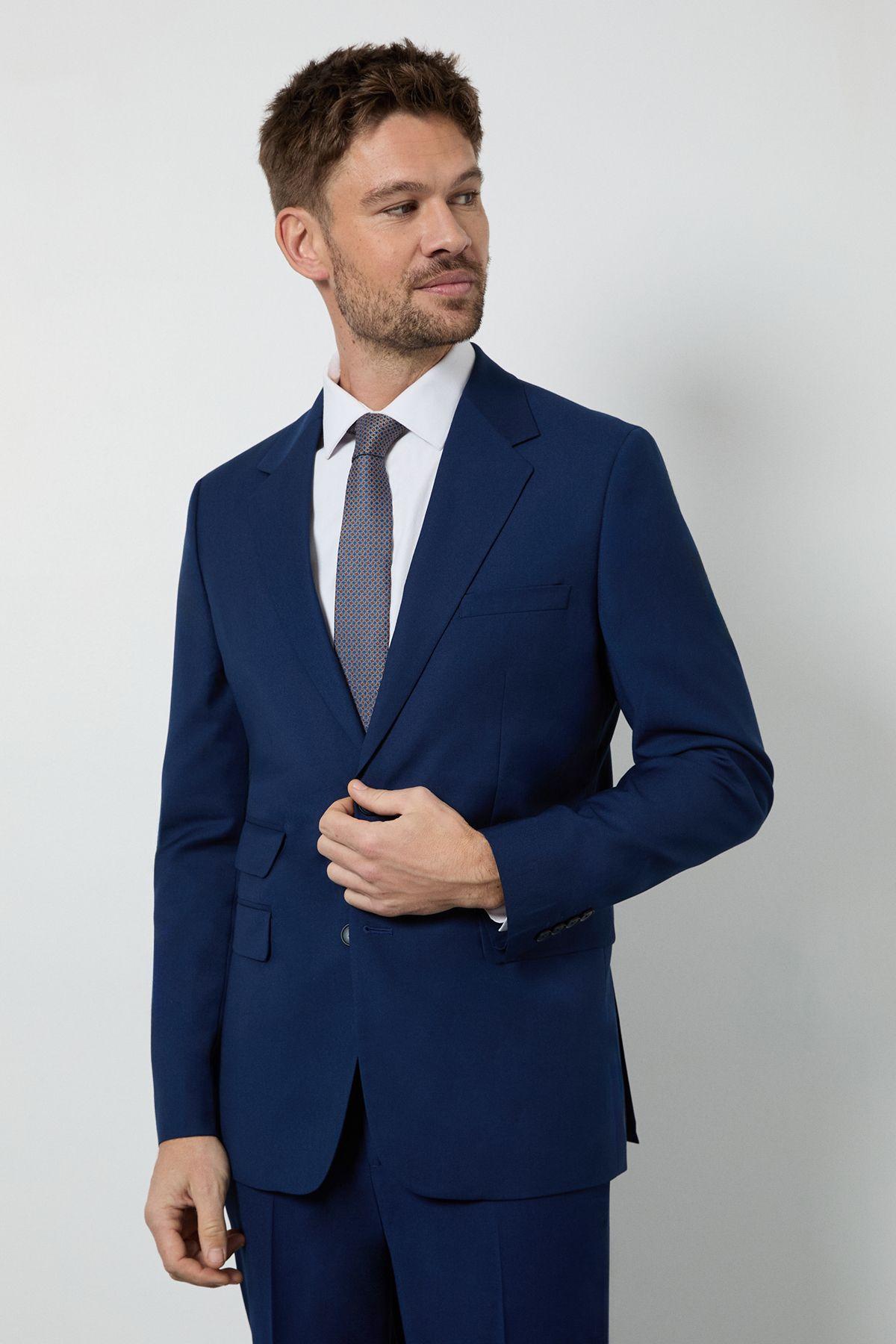 Royal Blue Textured Slim Fit Suit Jacket by BURTON