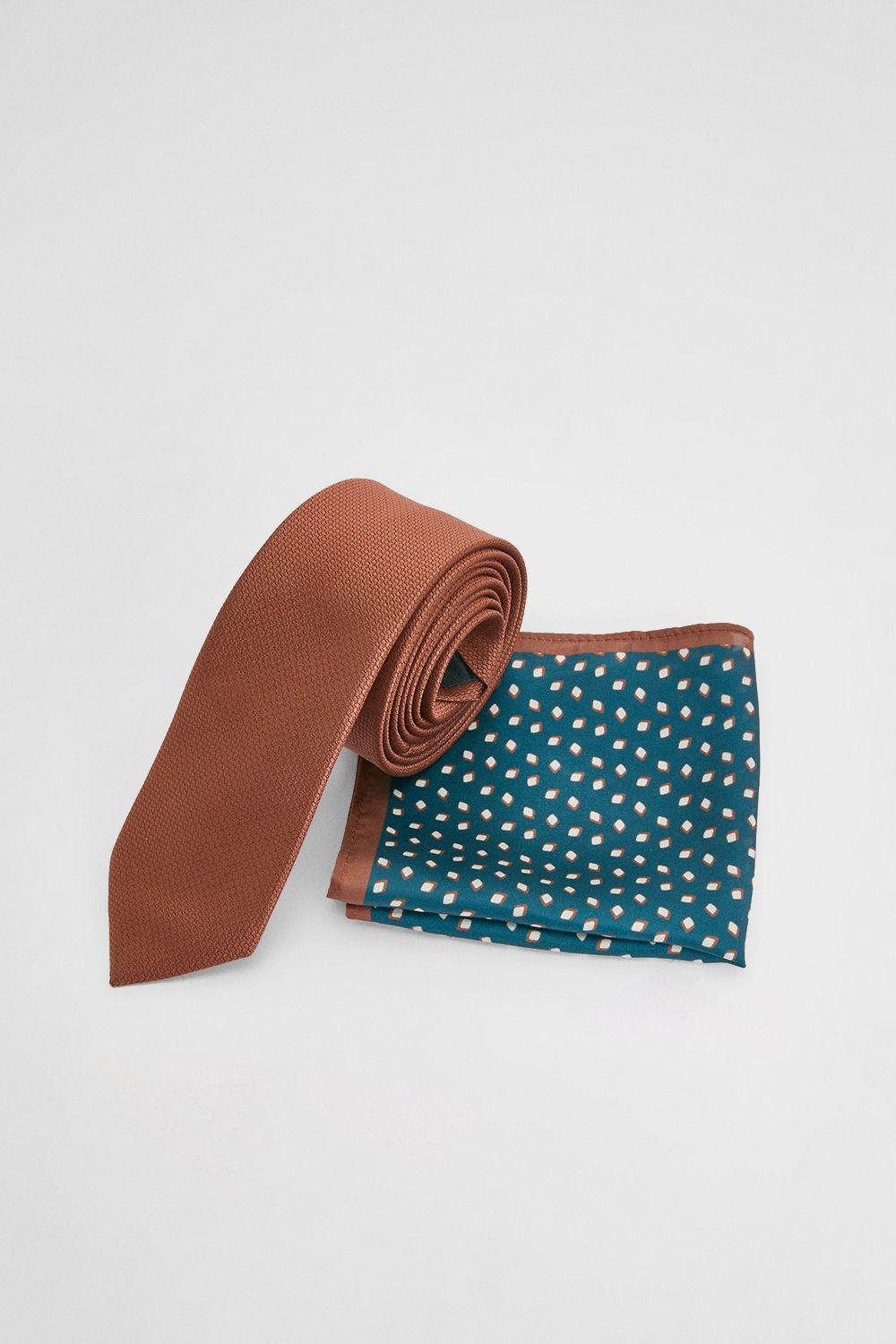 Rust Textured Tie and Patterned Pocket Square by BURTON