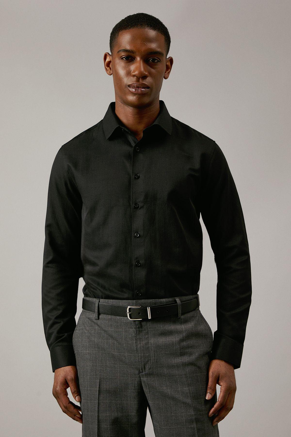 Tailored Fit Herringbone Weave Long Sleeve Shirt by BURTON