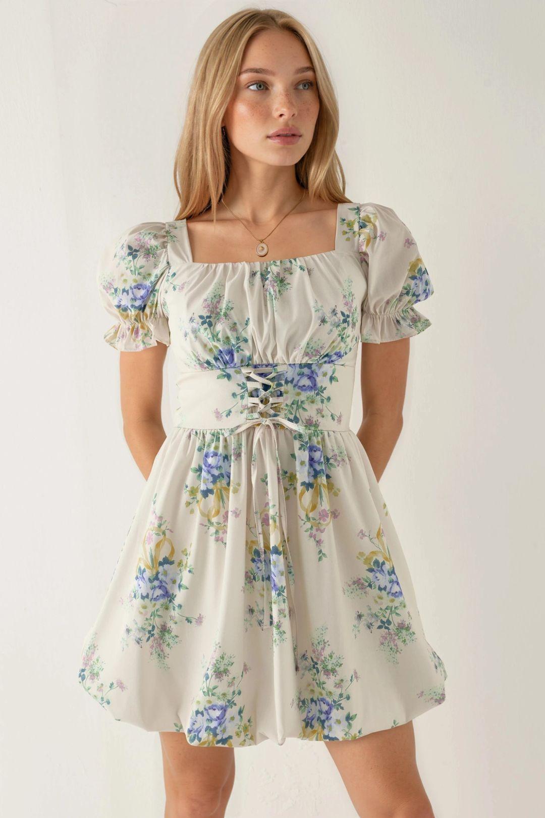 Floral A-Line Mini Dress with Tie Detail by BUSEM