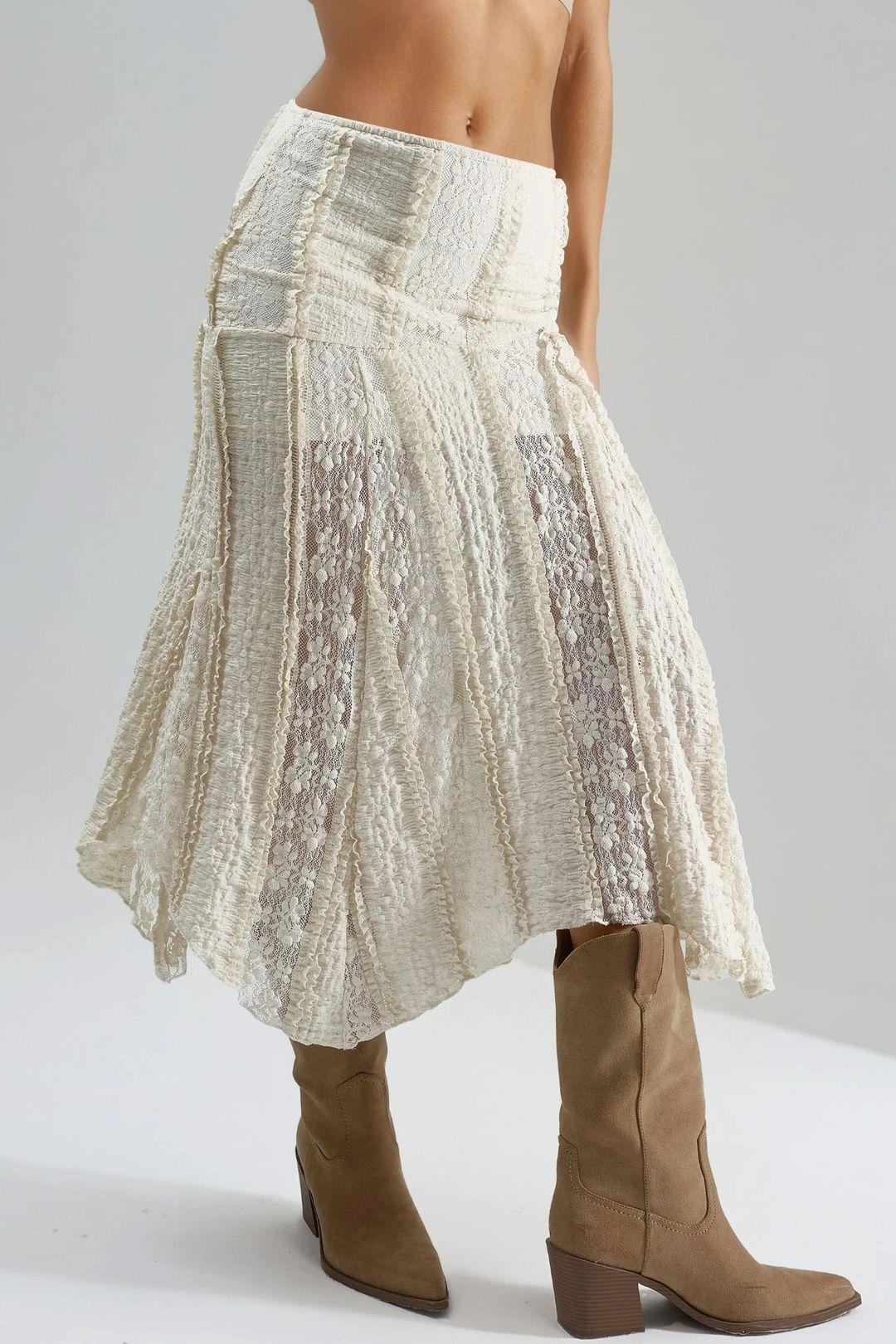 High Waist Lace A-Line Midi Skirt by BUSEM
