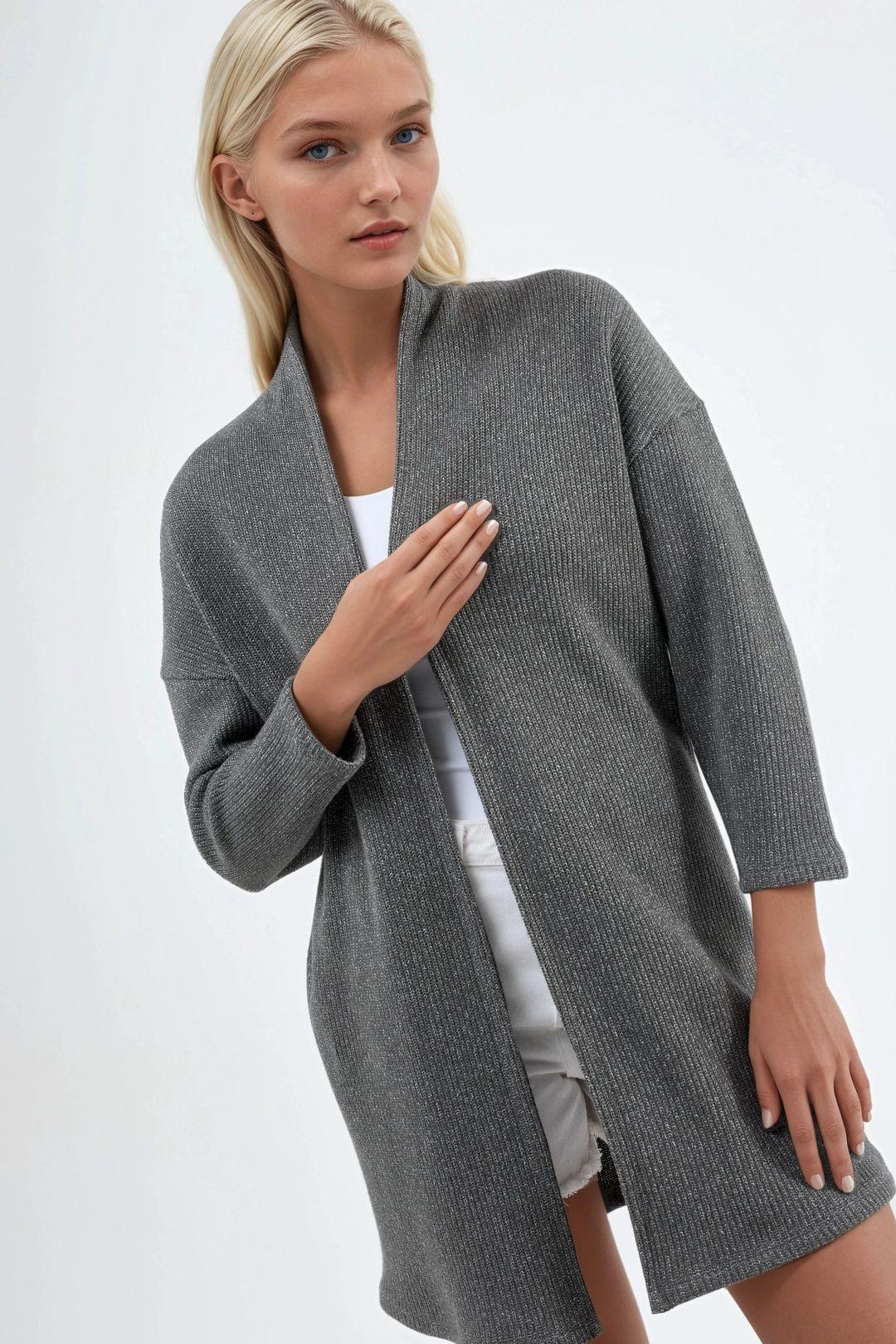 Long Ribbed Knit Cardigan with Open Collar by BUSEM
