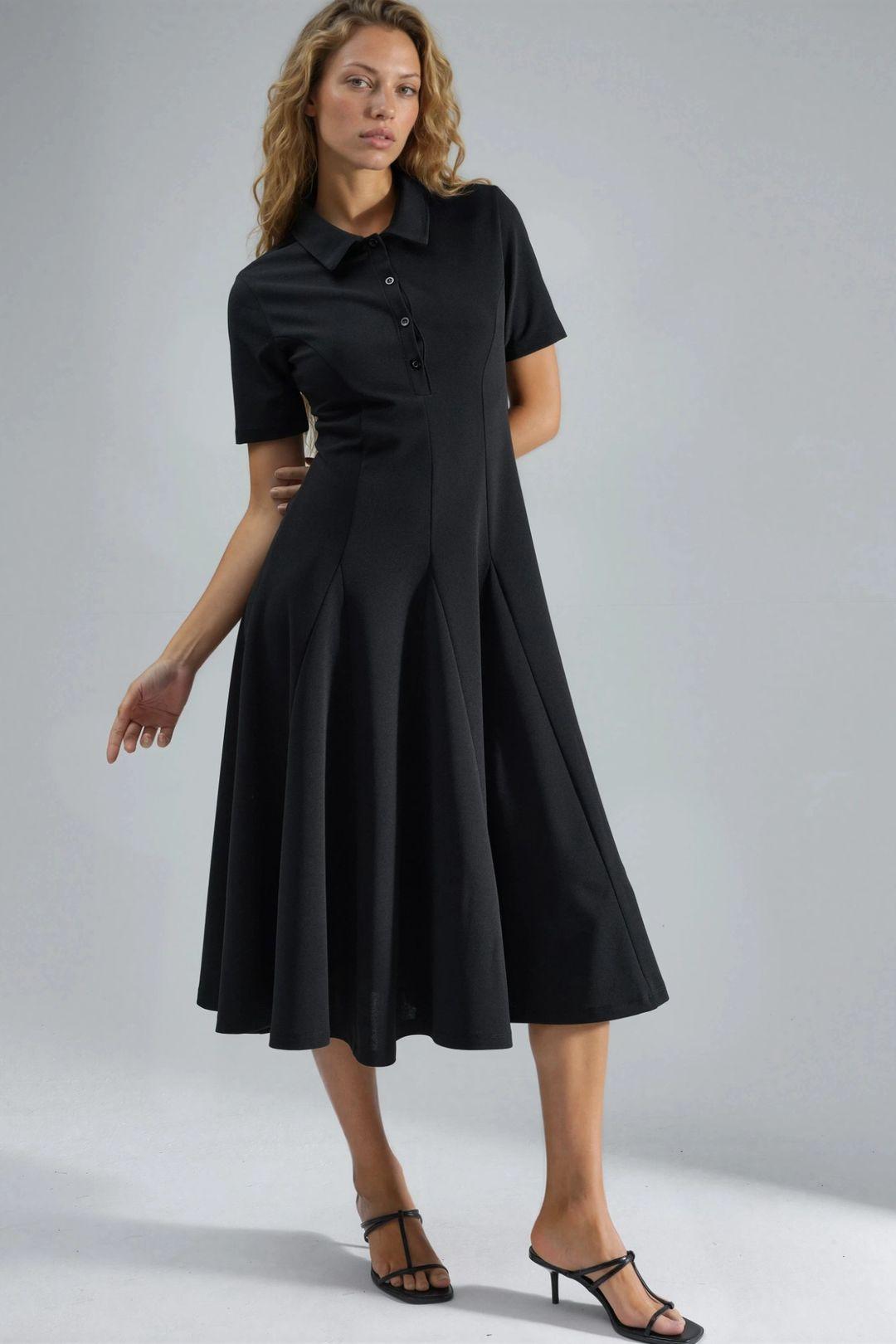 Midi A-Line Dress with Shirt Collar by BUSEM