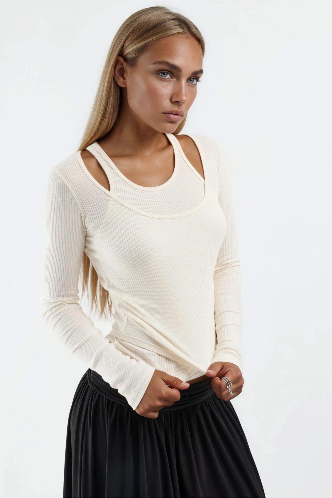Ribbed U Collar Long Sleeve Blouse by BUSEM