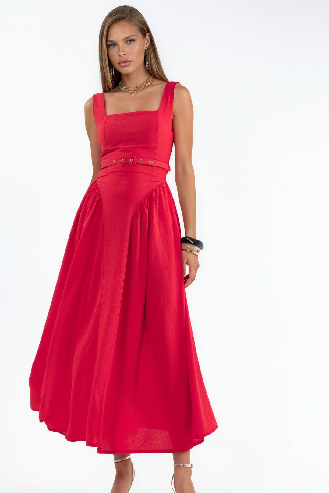 Square Collar Belted Midi Dress by BUSEM