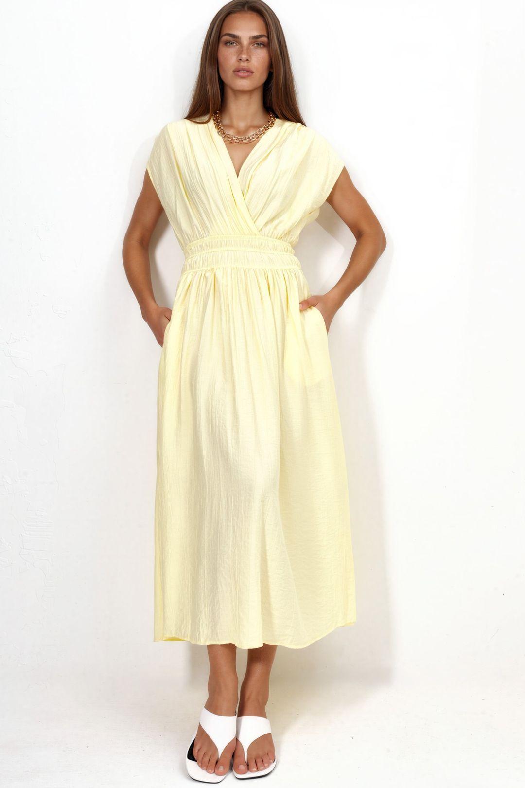 Textured V-Neck Midi Dress by BUSEM