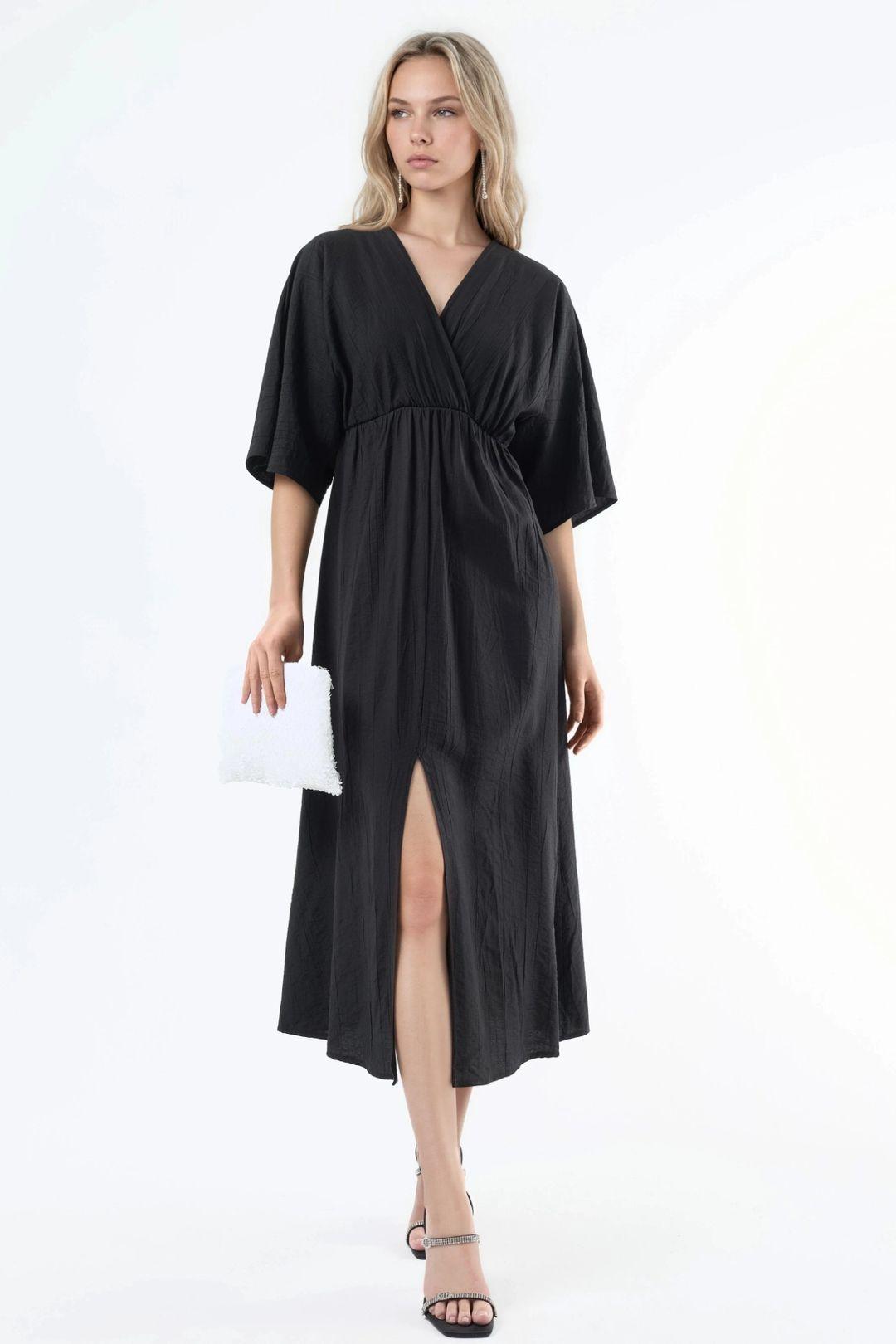 V-Neck Midi Wrap Dress with Three Quarter Sleeves by BUSEM
