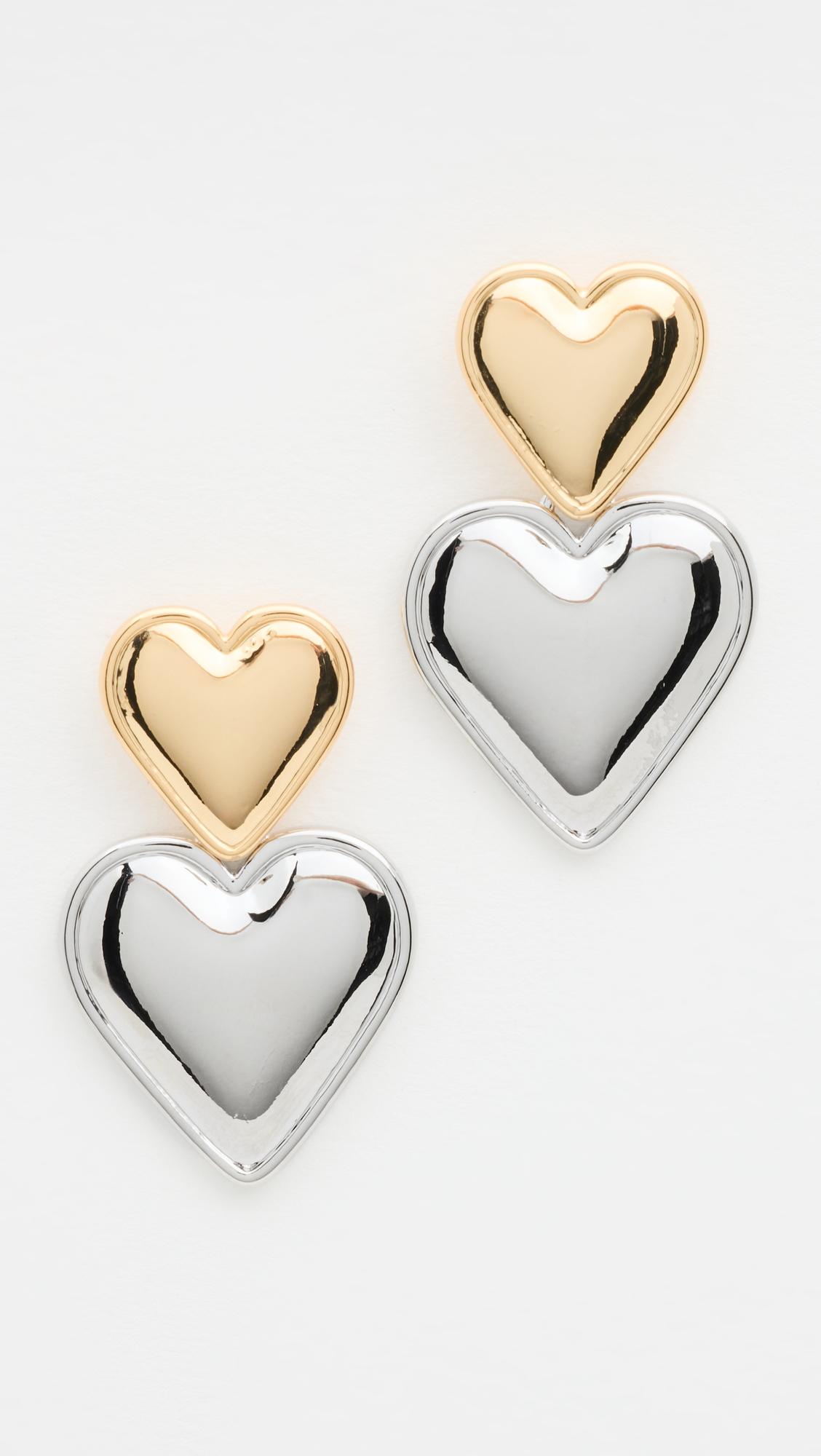 Two Tone Double Heart Drop Stud Earrings by BY ADINA EDEN