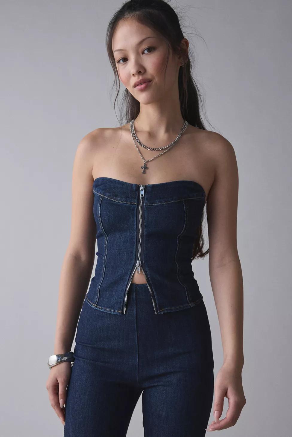 by.DYLN Alix Denim Zip-Front Strapless Corset Top by BY.DYLN by.DYLN Alix Denim Zip-Front Strapless Corset Top by BY.DYLN