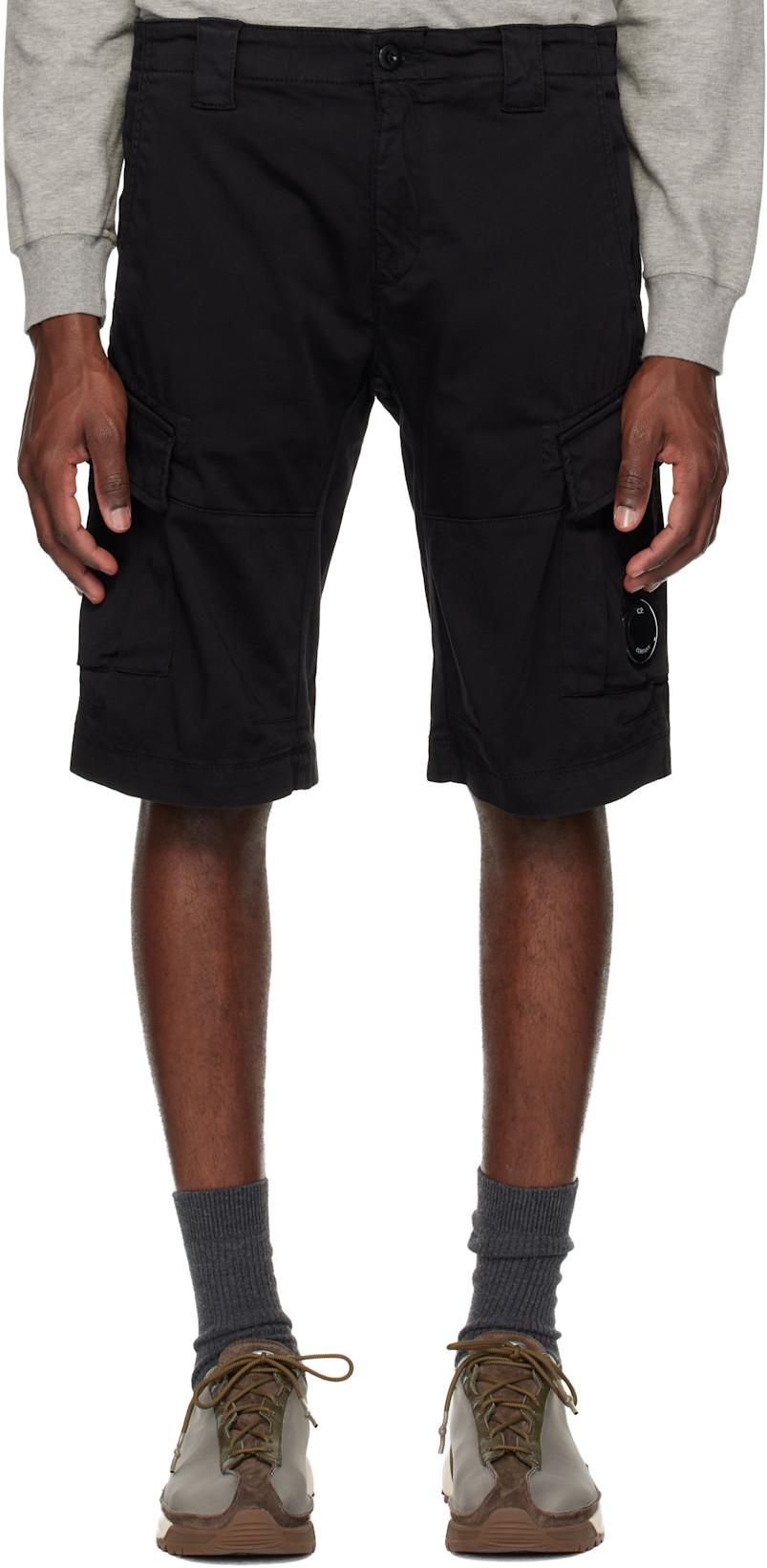 Black Stretch Sateen Cargo Lens Shorts by C.P. COMPANY