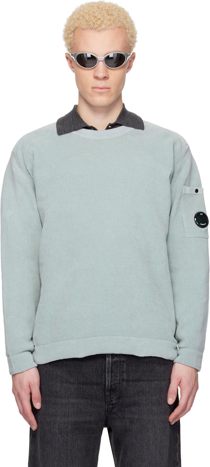 Blue Cotton Chenille Crewneck Lens Sweater by C.P. COMPANY