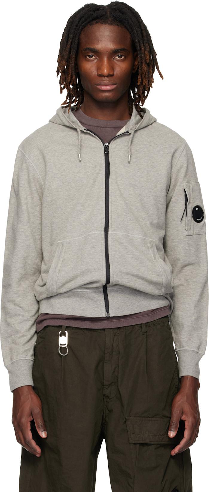 Gray Light Fleece Zip Lens Hoodie by C.P. COMPANY