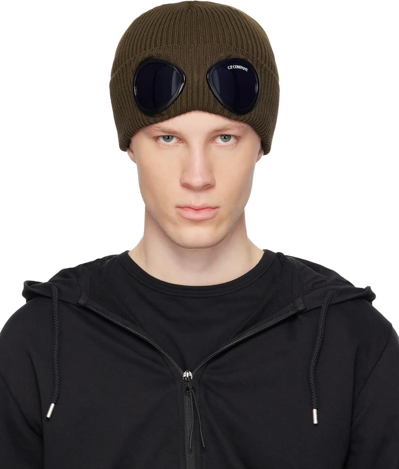 Khaki Cotton Goggle Beanie by C.P. COMPANY