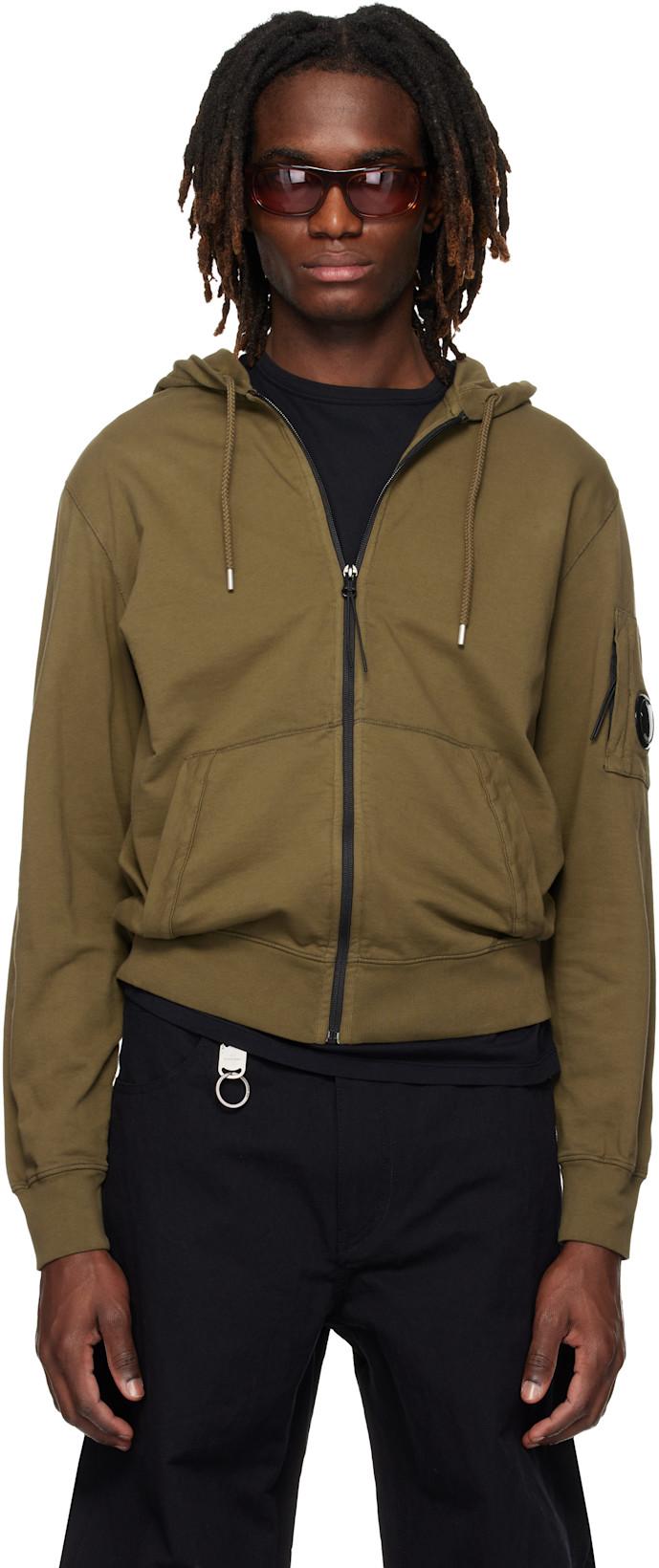 Khaki Light Fleece Zip Lens Hoodie by C.P. COMPANY