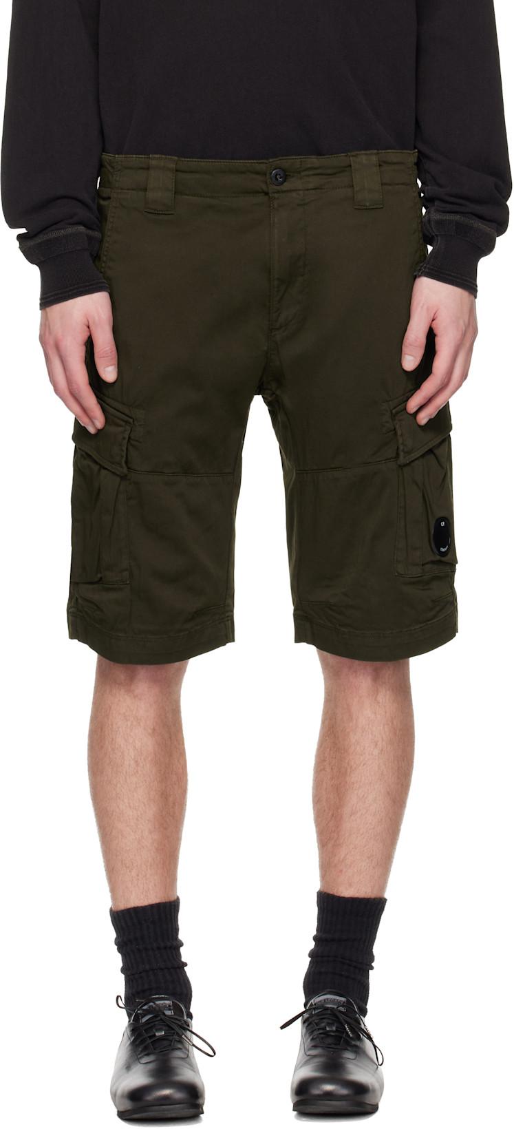 Khaki Stretch Sateen Cargo Lens Shorts by C.P. COMPANY