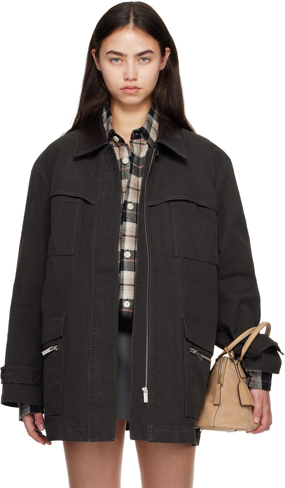 Black Leather-Collar Multi-Pockets Distressed Jacket by C PL US SERIES