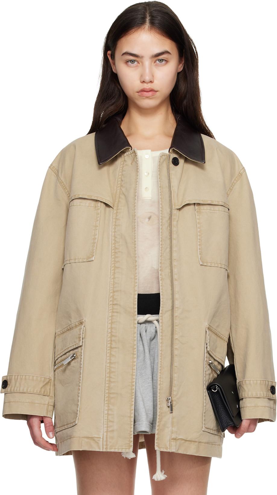 Khaki Leather-Collar Multi-Pockets Distressed Jacket by C PL US SERIES