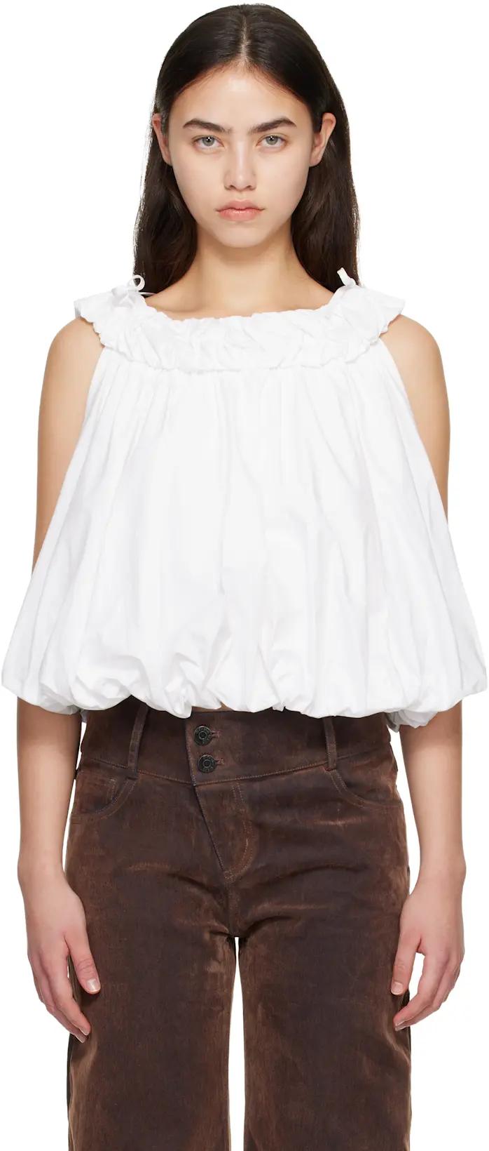 White Crew-Neck Pleated Bubble Top by C PL US SERIES