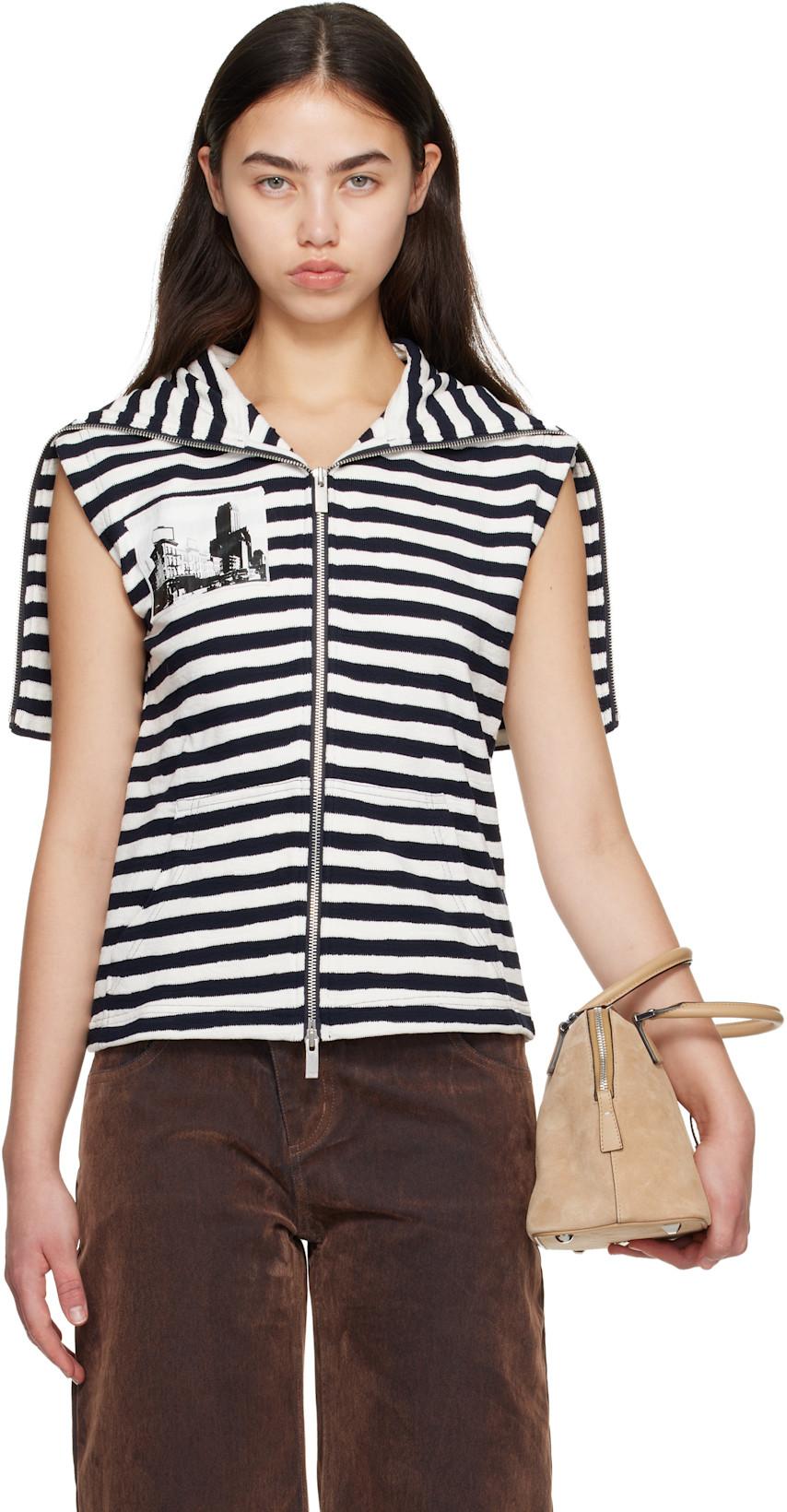 White & Black Asymmetric Striped Collar Top by C PL US SERIES