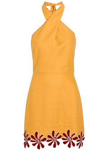 Veneta floral-appliquéd linen mini dress by CALA DE LA CRUZ