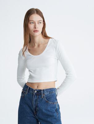 Cotton Contour Rib Cropped Long Sleeve T-Shirt by CALVIN KLEIN