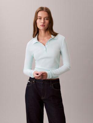 Cotton Contour Rib Long Sleeve Polo by CALVIN KLEIN