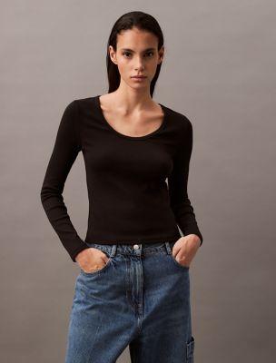 Cotton Contour Rib U-Neck Tee by CALVIN KLEIN