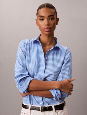 Cotton Poplin Emblem Logo Stripe Button-Down Shirt by CALVIN KLEIN