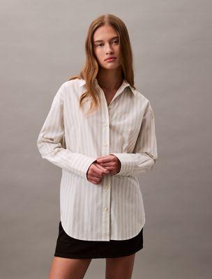 Cotton Stretch Stripe Relaxed Button-Down Shirt by CALVIN KLEIN