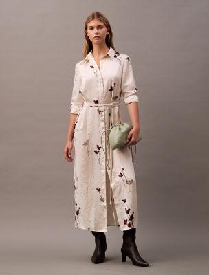 Crushed Satin Floral Shirt Dress by CALVIN KLEIN