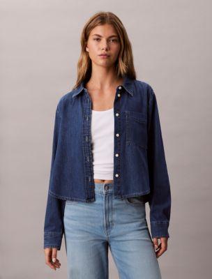 Denim Cropped Relaxed Button-Down Shirt by CALVIN KLEIN