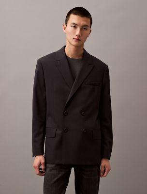Double-Breasted Wool Gabardine Blend Blazer by CALVIN KLEIN