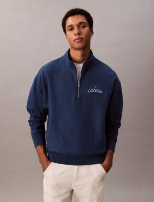 Embroidered Logo French Terry Quarter Zip Sweatshirt by CALVIN KLEIN