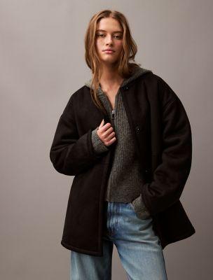 Faux Shearling Relaxed Collarless Coat by CALVIN KLEIN
