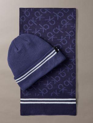 Flocked Monogram Logo Beanie and Scarf Set | Calvin Klein by CALVIN KLEIN