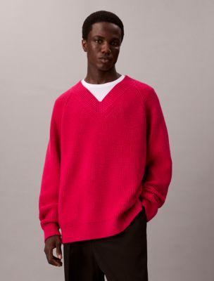 Merino Wool Blend Relaxed V-Neck Sweater by CALVIN KLEIN