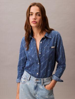Monogram Logo Print Denim Button-Down Shirt by CALVIN KLEIN
