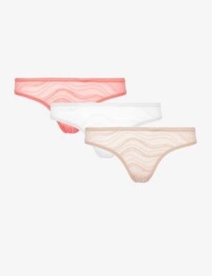 Sheer mid-rise pack of three stretch-lace thongs by CALVIN KLEIN