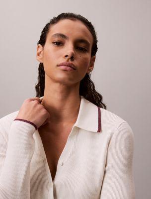 Smooth Cotton Rib Tipped Polo Cardigan by CALVIN KLEIN