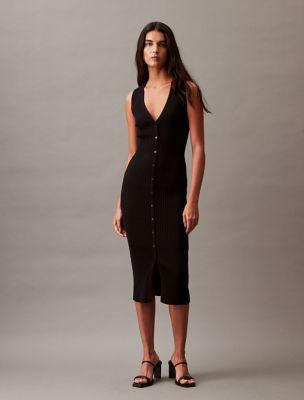 Smooth Cotton Rib V-Neck Sweater Midi Dress by CALVIN KLEIN
