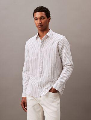 Striped Linen Blend Classic Button-Down Shirt by CALVIN KLEIN