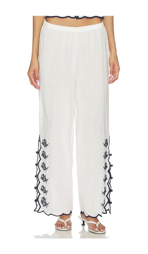 CAMI NYC Madrid Embroidered Linen Pant in White,Navy by CAMI NYC